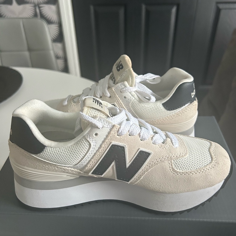 New Balance Women’s 574+ color: linen/sea salt/ phantom, Platform Sneakers